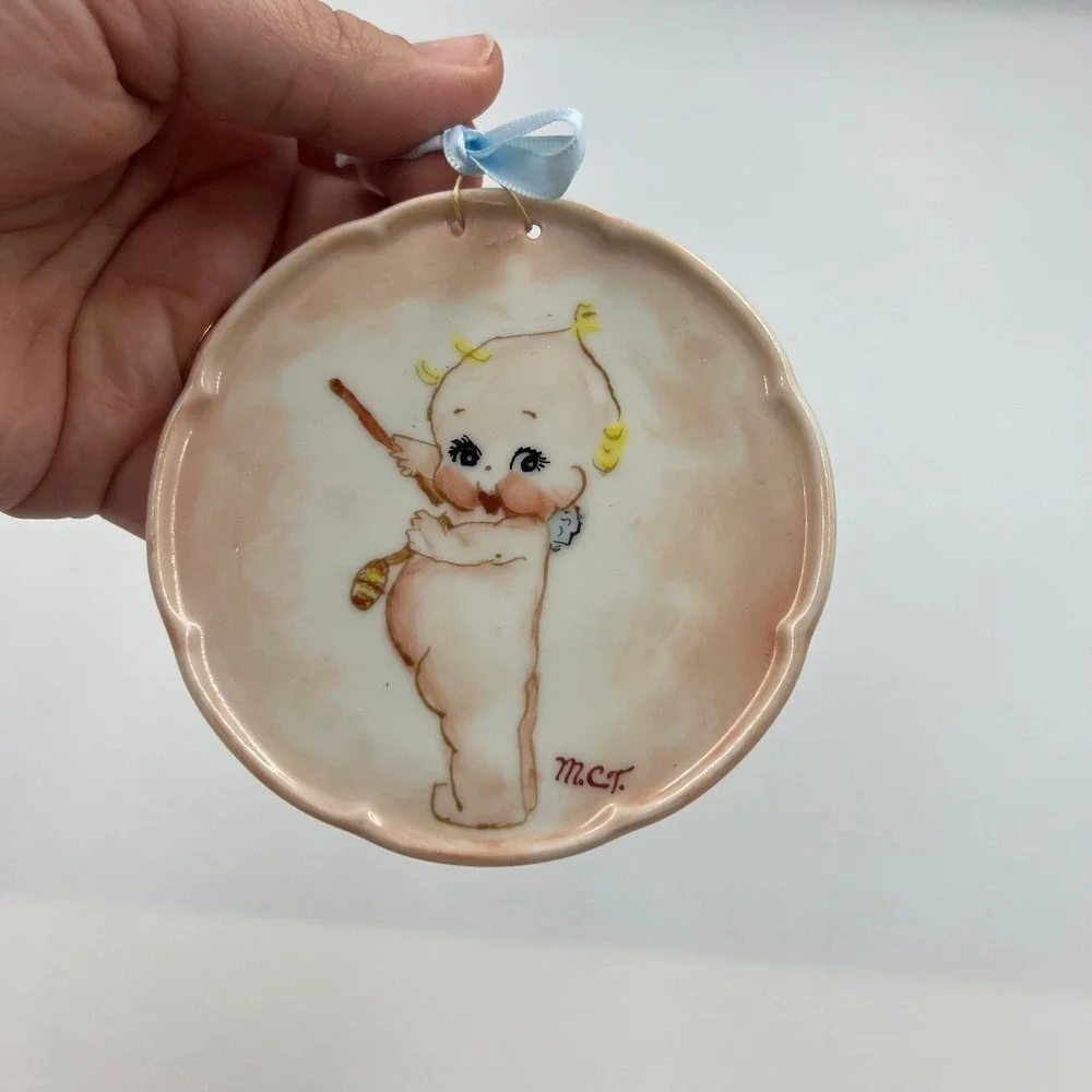 Vintage Kewpie Baby Wall Plaque Hand Painted Ceramic Porcelain Pink Blue 3.5